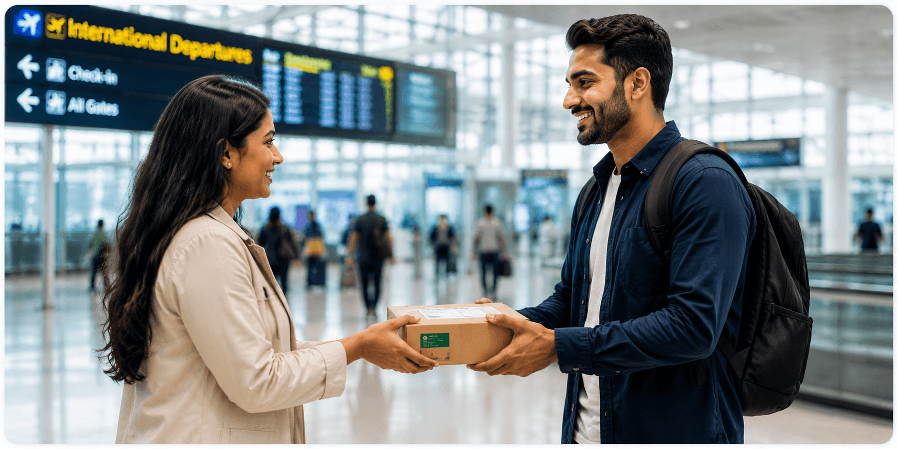 Airport scene comparing international courier tracking with traveller handing a parcel to a recipient