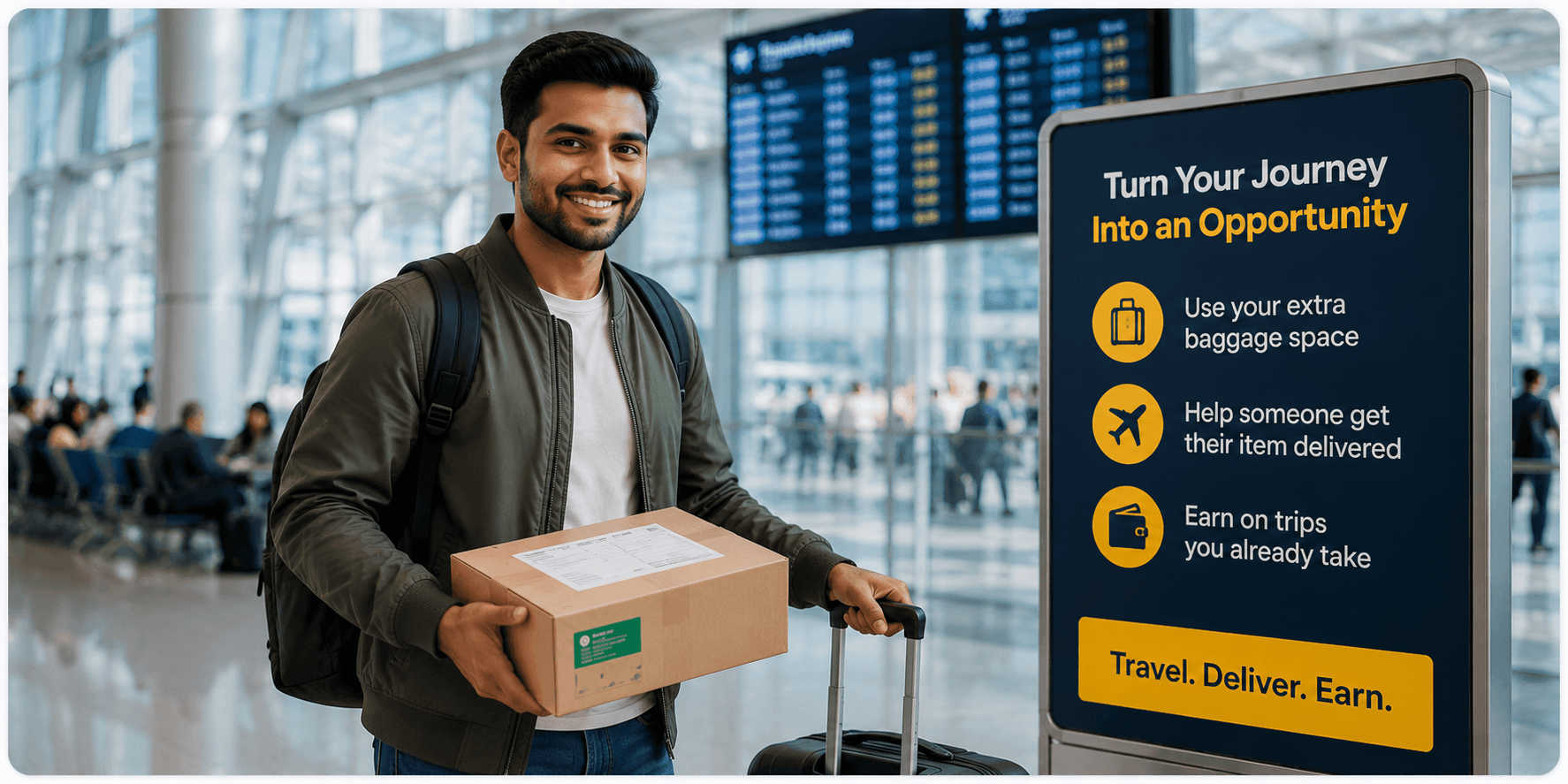 Traveller walking through an airport with luggage and a parcel, checking phone for trip earnings