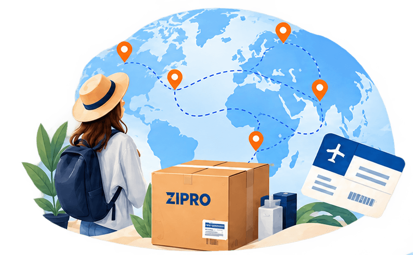 Traveler with Zipro parcel and global delivery routes